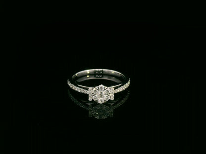 18K white gold diamond cluster ring with pavé diamond band, elegant engagement and everyday ring by Emirates Diamonds.