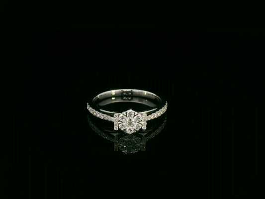 18K white gold diamond cluster ring with pavé diamond band, elegant engagement and everyday ring by Emirates Diamonds.