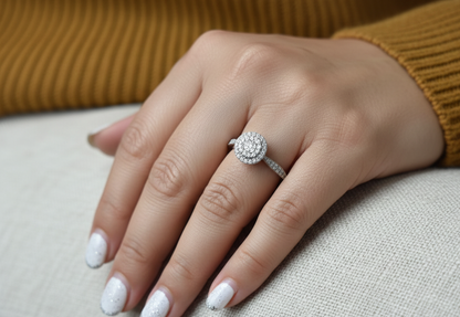 0.38 carat diamond cluster halo ring in 18K white gold with pavé band by Emirates Diamonds