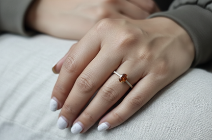 Oval citrine and diamond ring in 18K yellow gold with pavé diamond band by Emirates Diamonds
