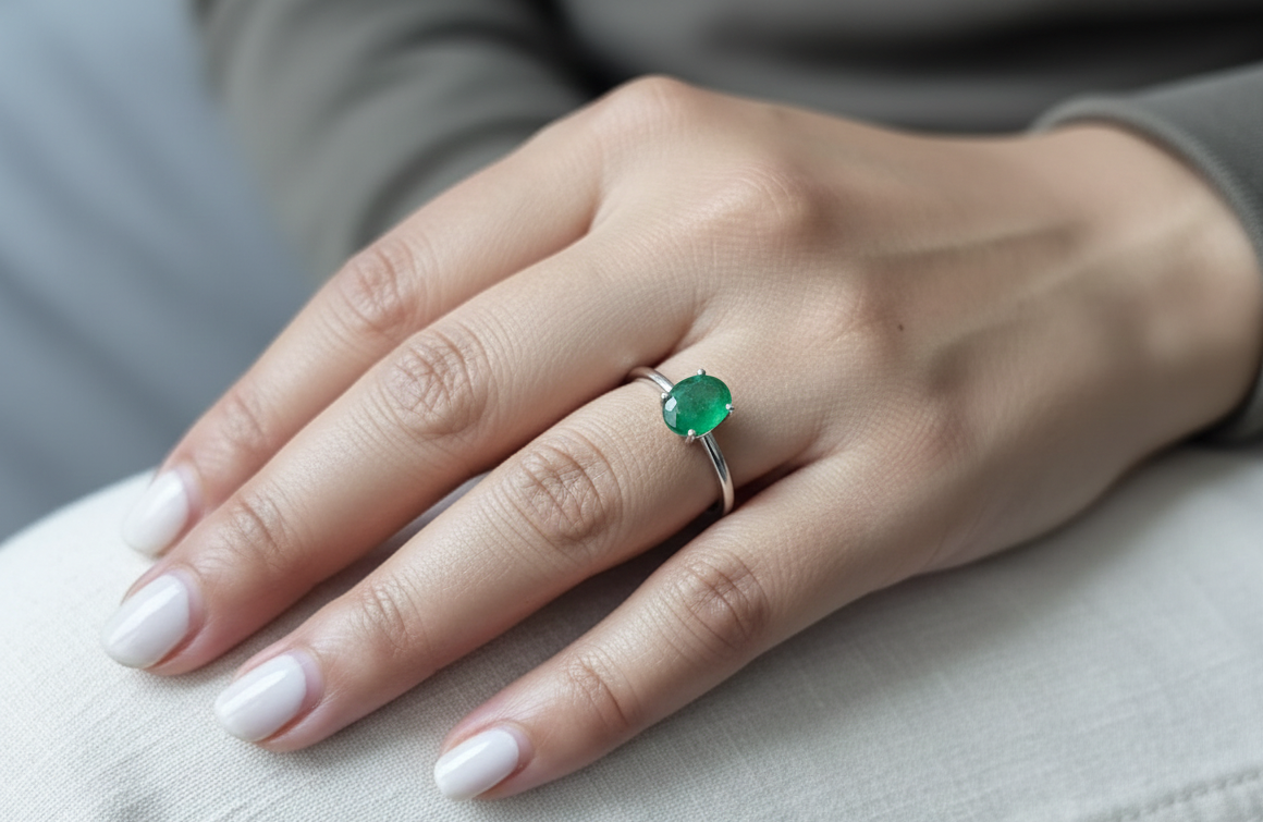 Emerald & Diamond Ring in 18K White Gold