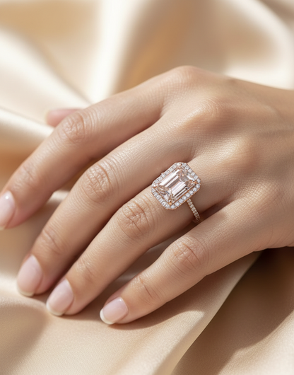 18K rose gold emerald-cut morganite ring with diamond halo and diamond band by Emirates Diamonds