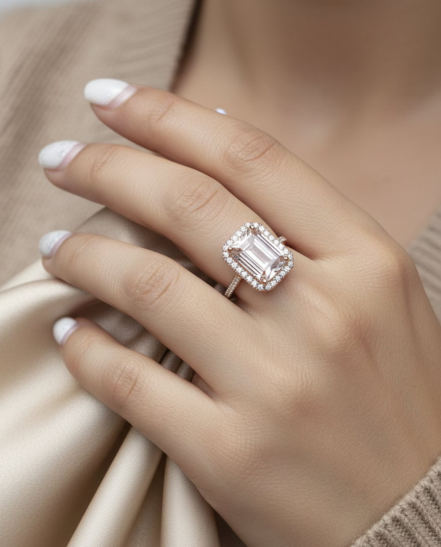 18K rose gold emerald-cut morganite ring with diamond halo and diamond band by Emirates Diamonds
