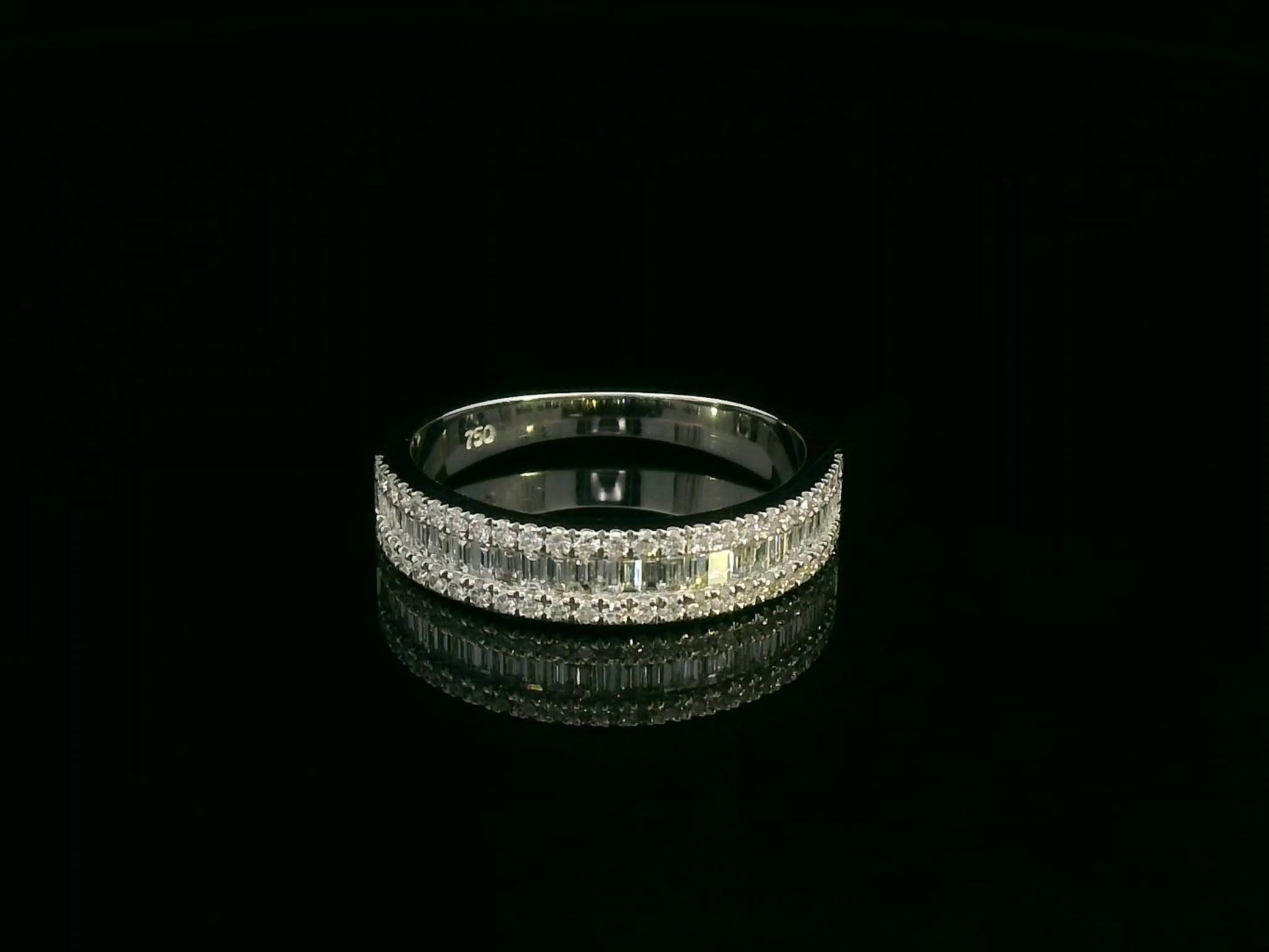 18K white gold diamond band ring with baguette and round diamonds by Emirates Diamonds