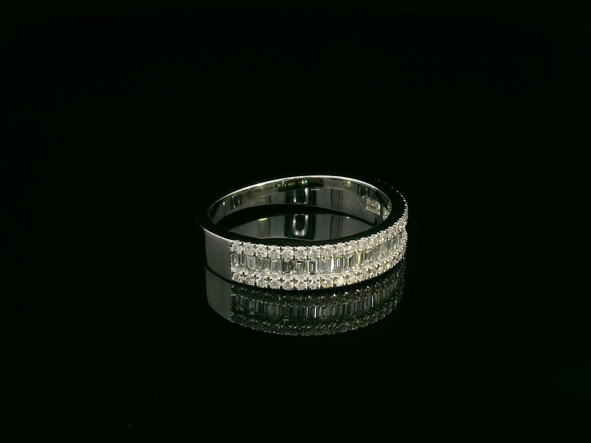 18K white gold diamond band ring with baguette and round diamonds by Emirates Diamonds