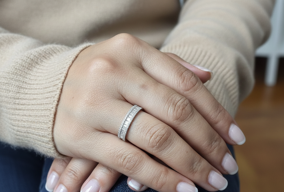 18K white gold diamond band ring with baguette and round diamonds by Emirates Diamonds