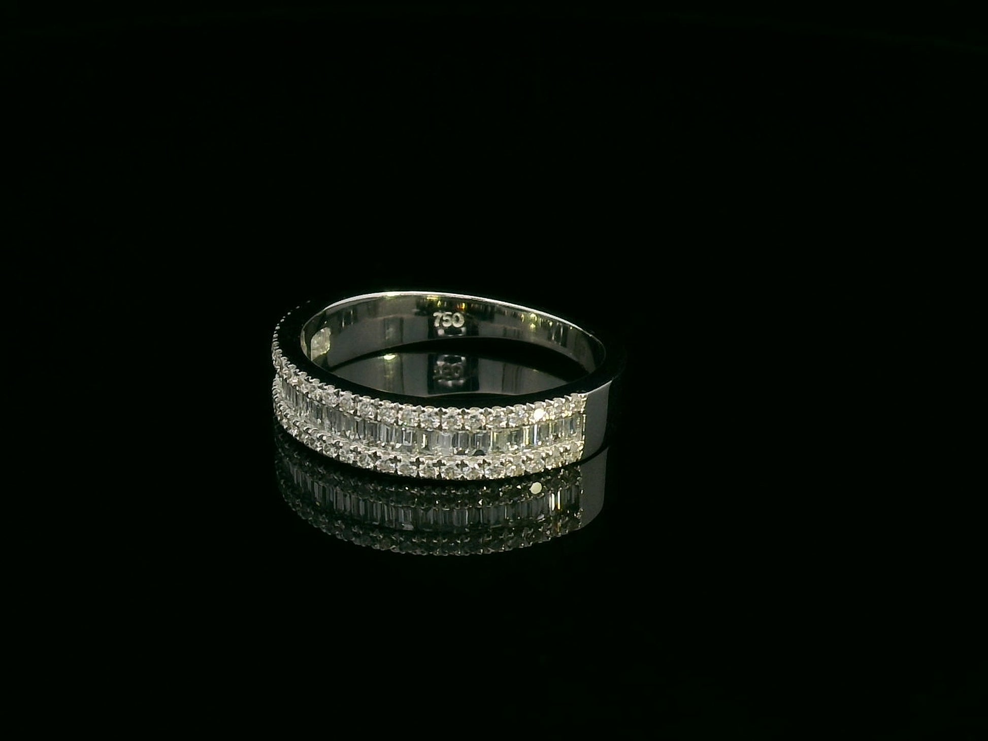 18K white gold diamond band ring with baguette and round diamonds by Emirates Diamonds