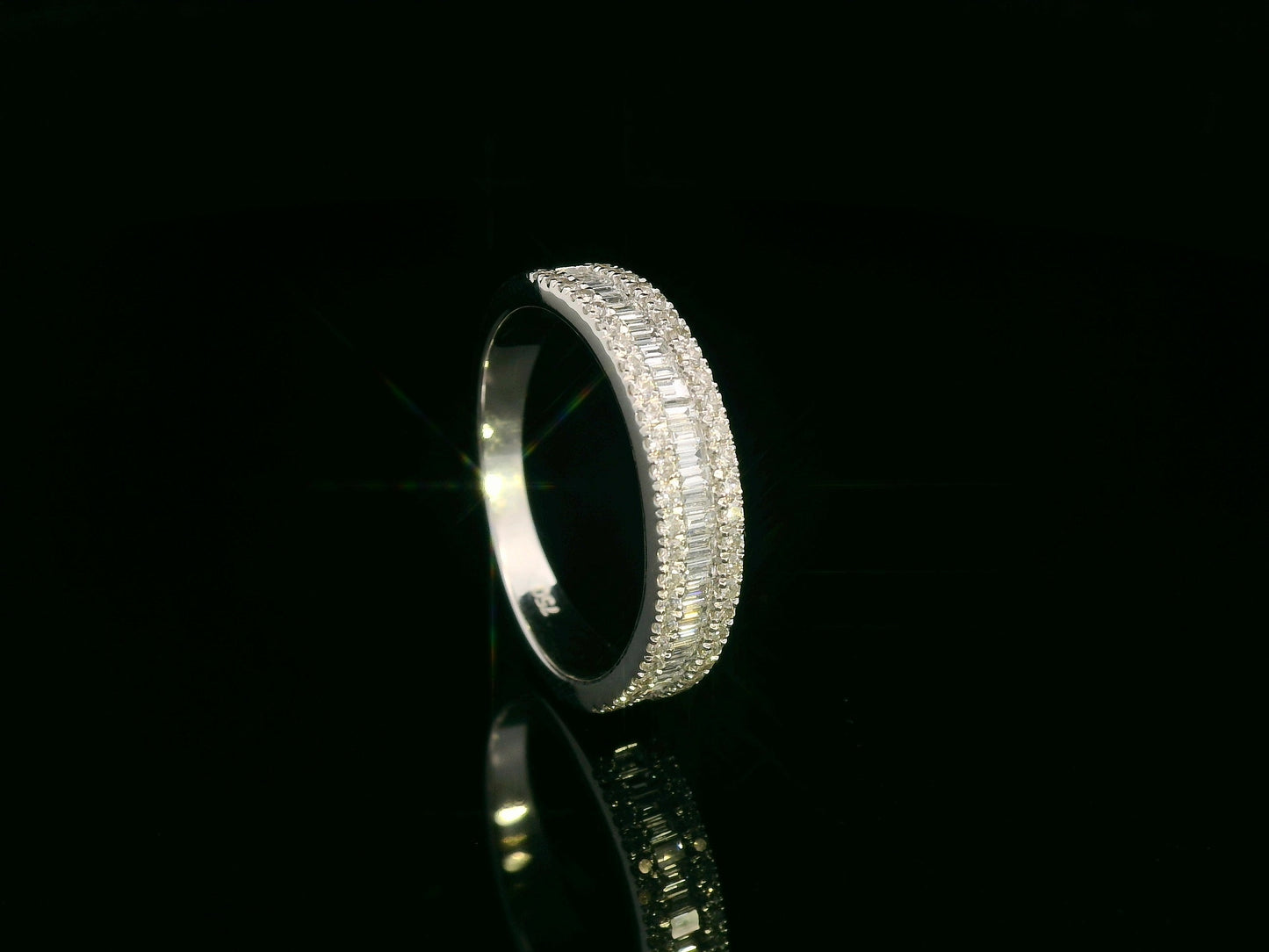 18K white gold diamond band ring with baguette and round diamonds by Emirates Diamonds