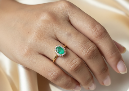 Oval emerald diamond halo ring in 18K yellow gold by Emirates Diamonds