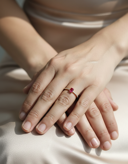 Ruby and diamond minimal ring in 18K yellow gold by Emirates Diamonds.