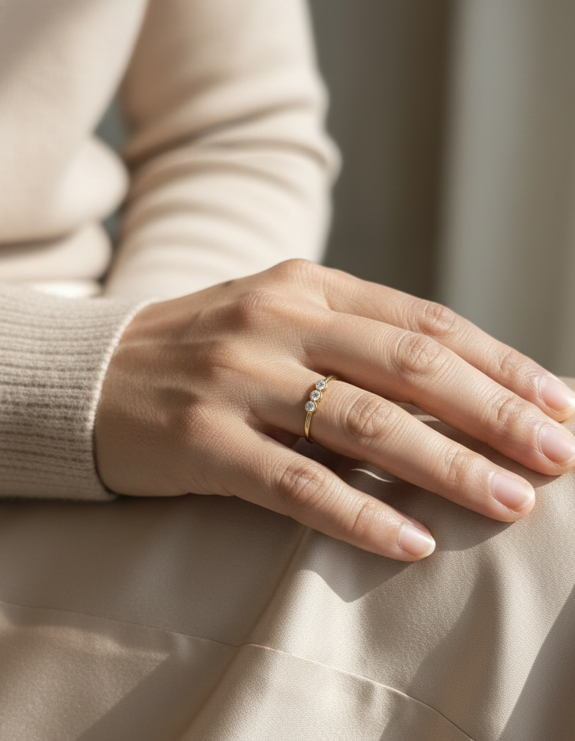 18K yellow gold three-stone natural diamond ring with minimalist bezel setting by Emirates Diamonds