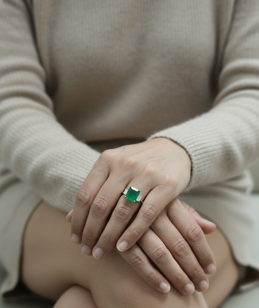 Emerald-cut emerald ring with trapezoid diamond side stones in 18K white gold by Emirates Diamonds.