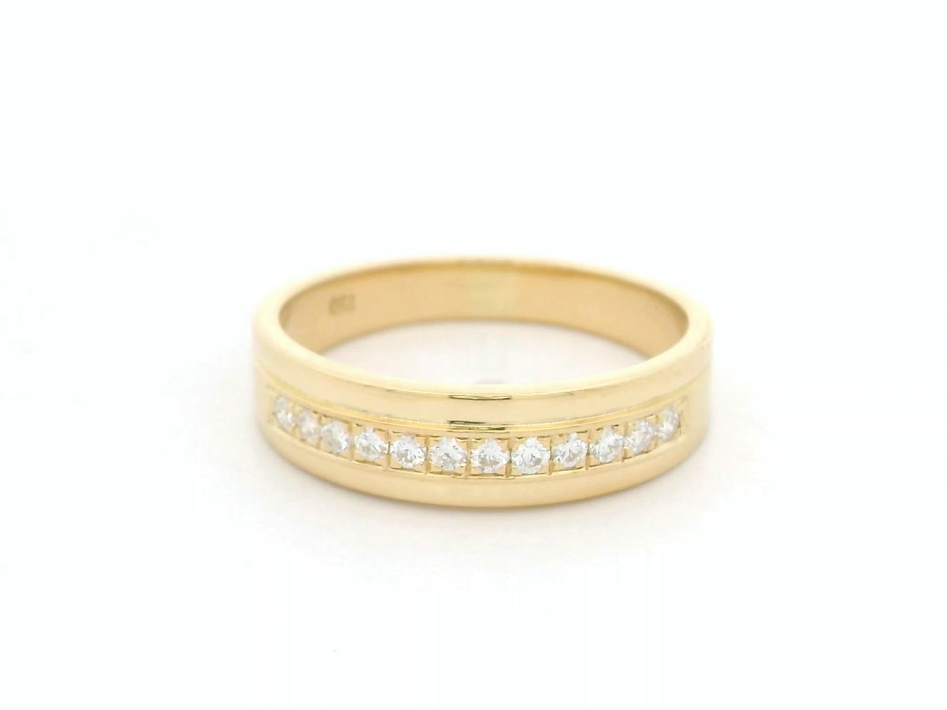 Wide diamond band ring in 18K yellow gold channel set diamonds unisex style