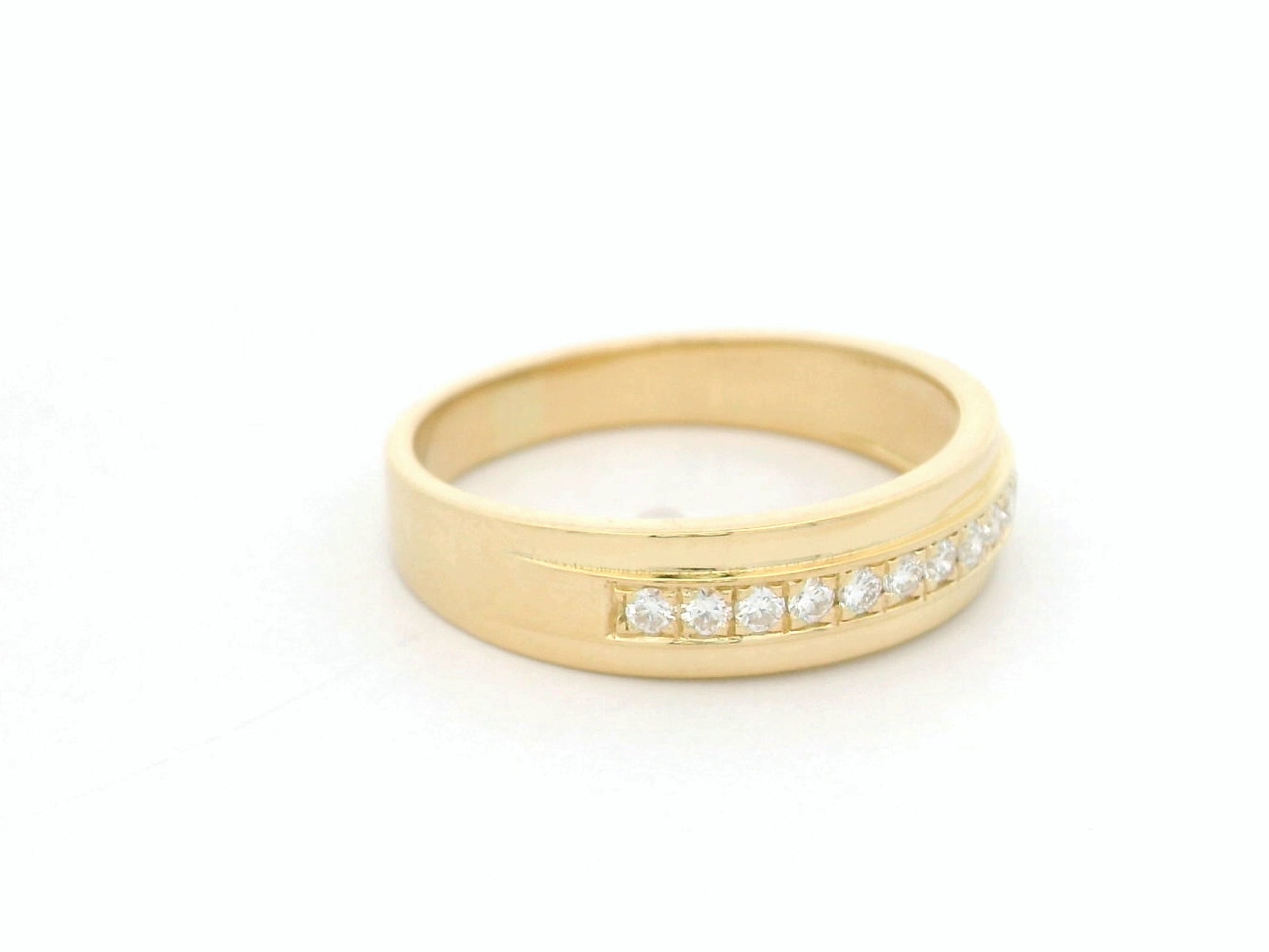 Wide diamond band ring in 18K yellow gold channel set diamonds unisex style