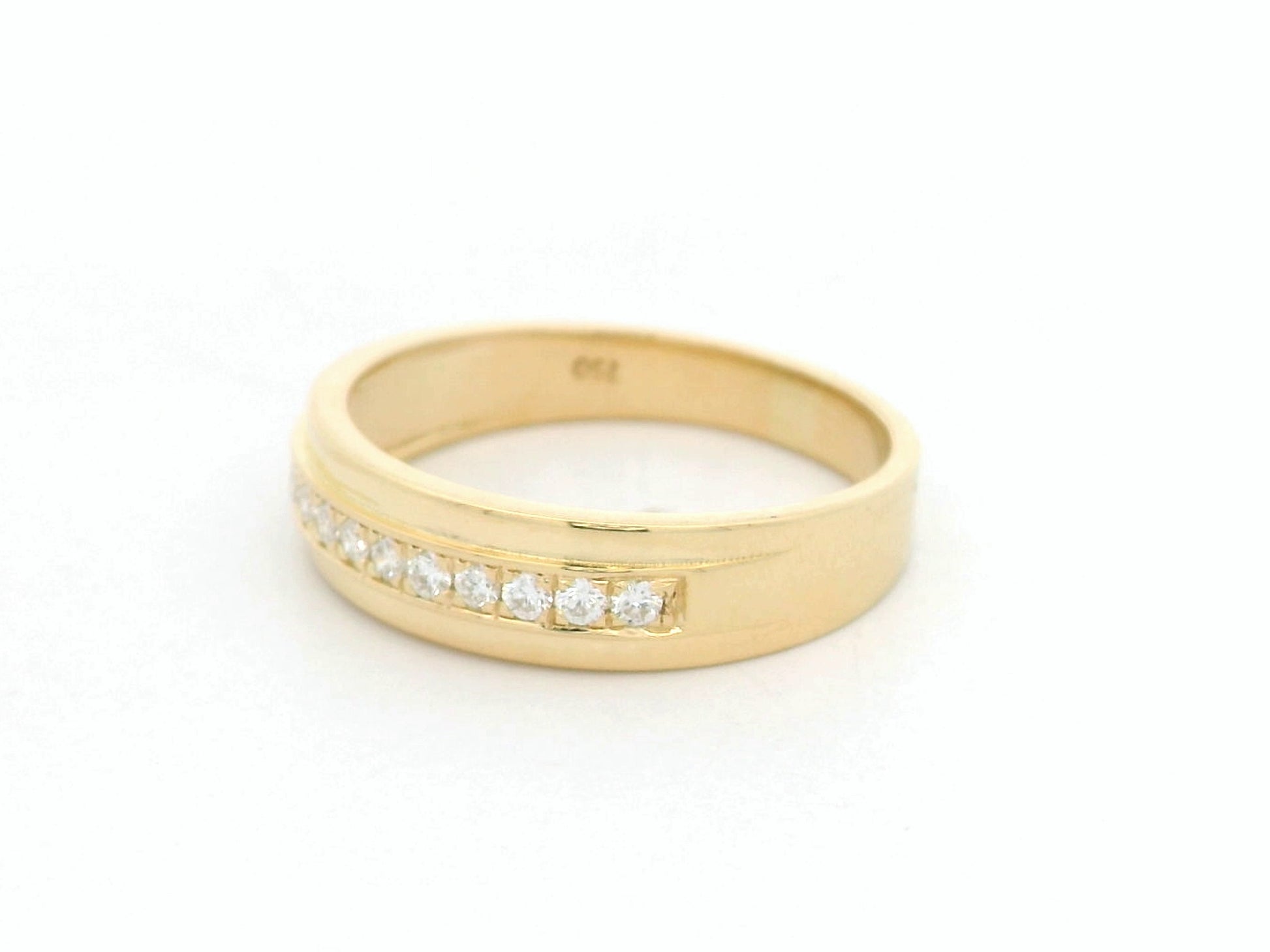 Wide diamond band ring in 18K yellow gold channel set diamonds unisex style