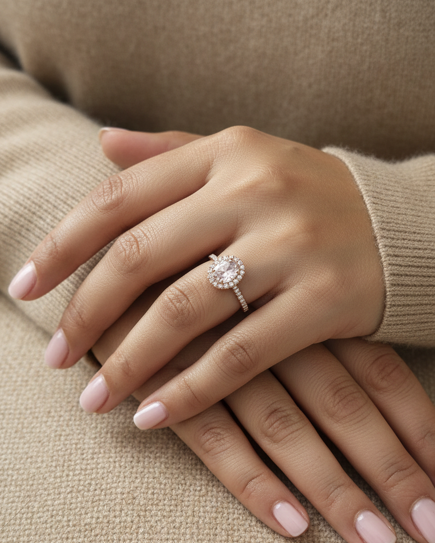 18K rose gold oval morganite ring with diamond halo and pavé band by Emirates Diamonds