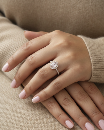 18K rose gold oval morganite ring with diamond halo and pavé band by Emirates Diamonds