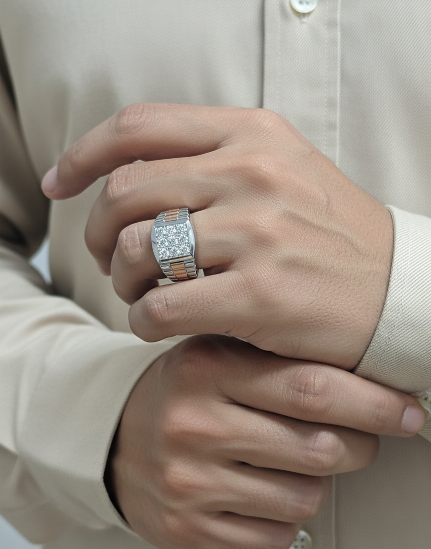 Men’s diamond statement ring in two-tone 18K white and rose gold by Emirates Diamonds.