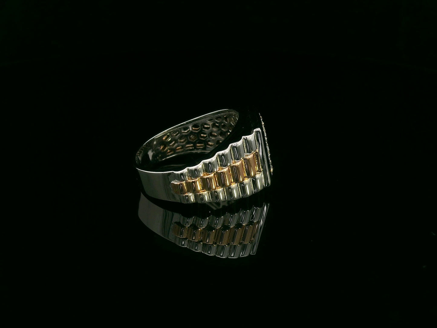 Men’s diamond statement ring in two-tone 18K white and rose gold by Emirates Diamonds.