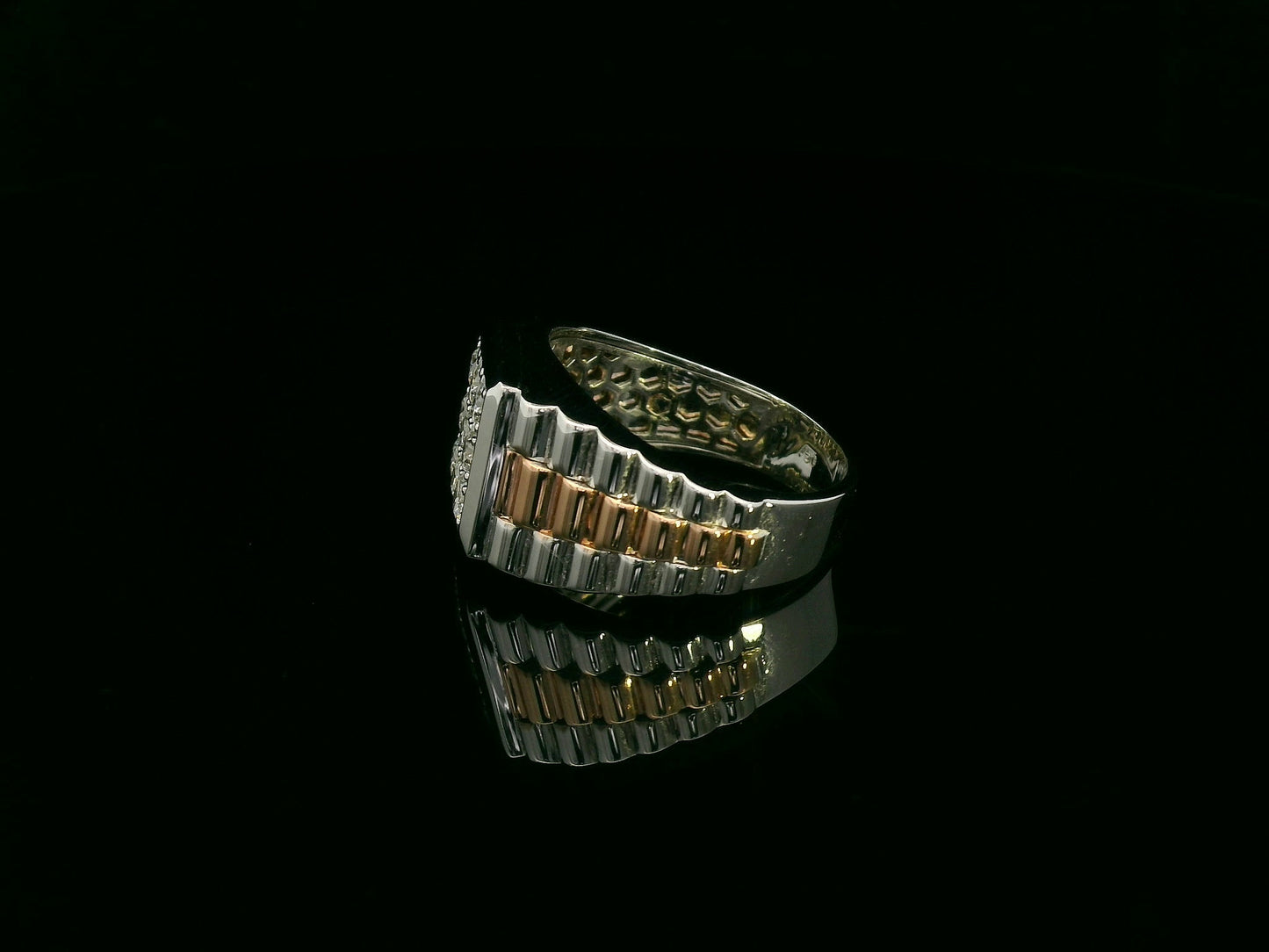Men’s diamond statement ring in two-tone 18K white and rose gold by Emirates Diamonds.