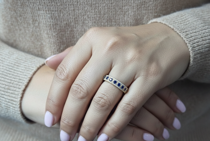 Blue sapphire and diamond band ring in 18K yellow gold by Emirates Diamonds