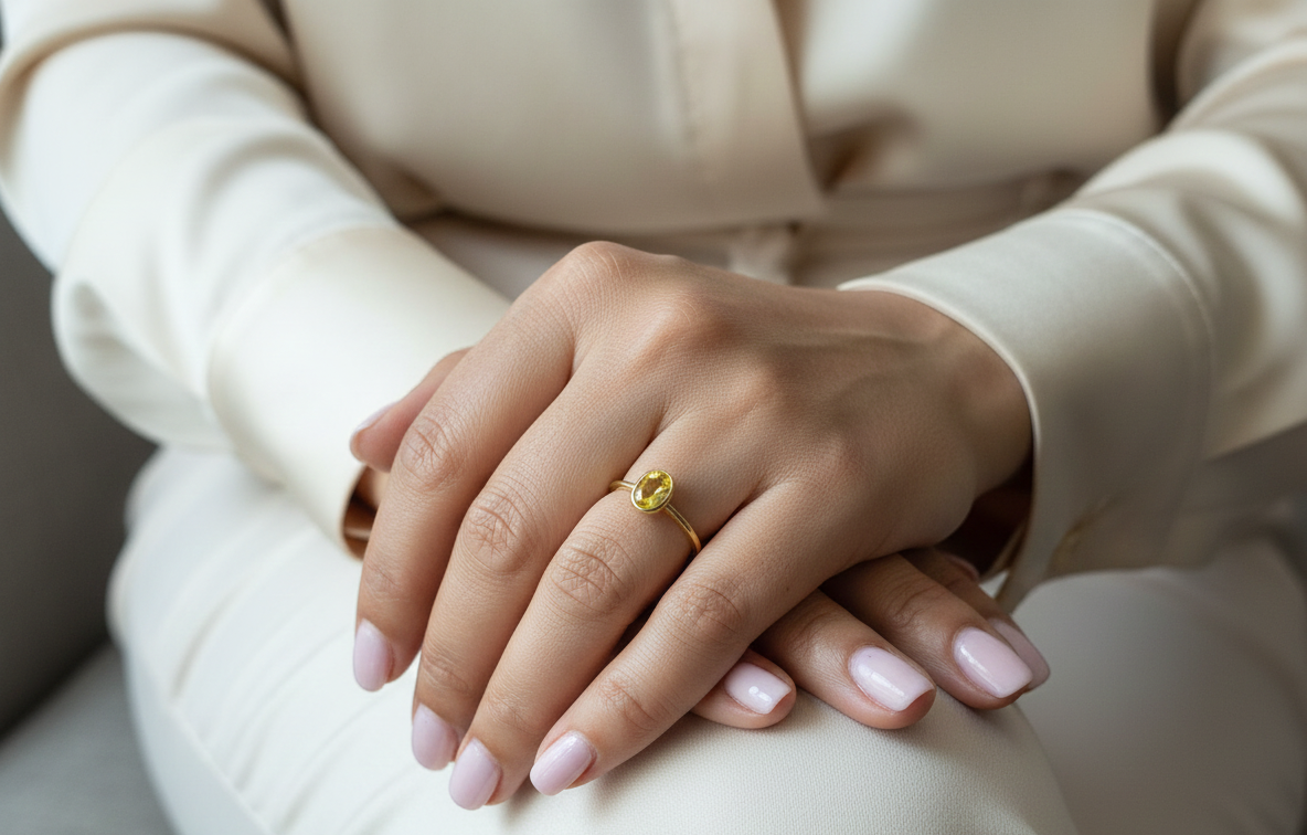 Yellow sapphire solitaire ring in 18K yellow gold featuring a 1.16 carat oval cut gemstone by Emirates Diamonds