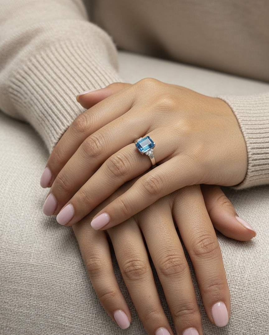 18K white gold emerald-cut Swiss blue topaz ring with diamond side accents by Emirates Diamonds