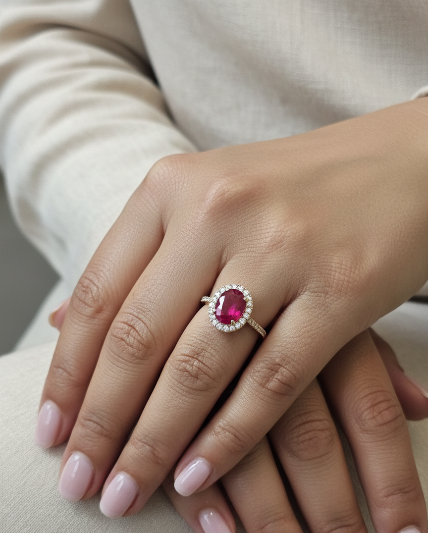 Oval ruby halo ring with diamonds in 18K yellow gold by Emirates Diamonds