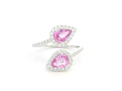 18K white gold open ring with pear-shaped pink sapphires and diamond halos by Emirates Diamonds