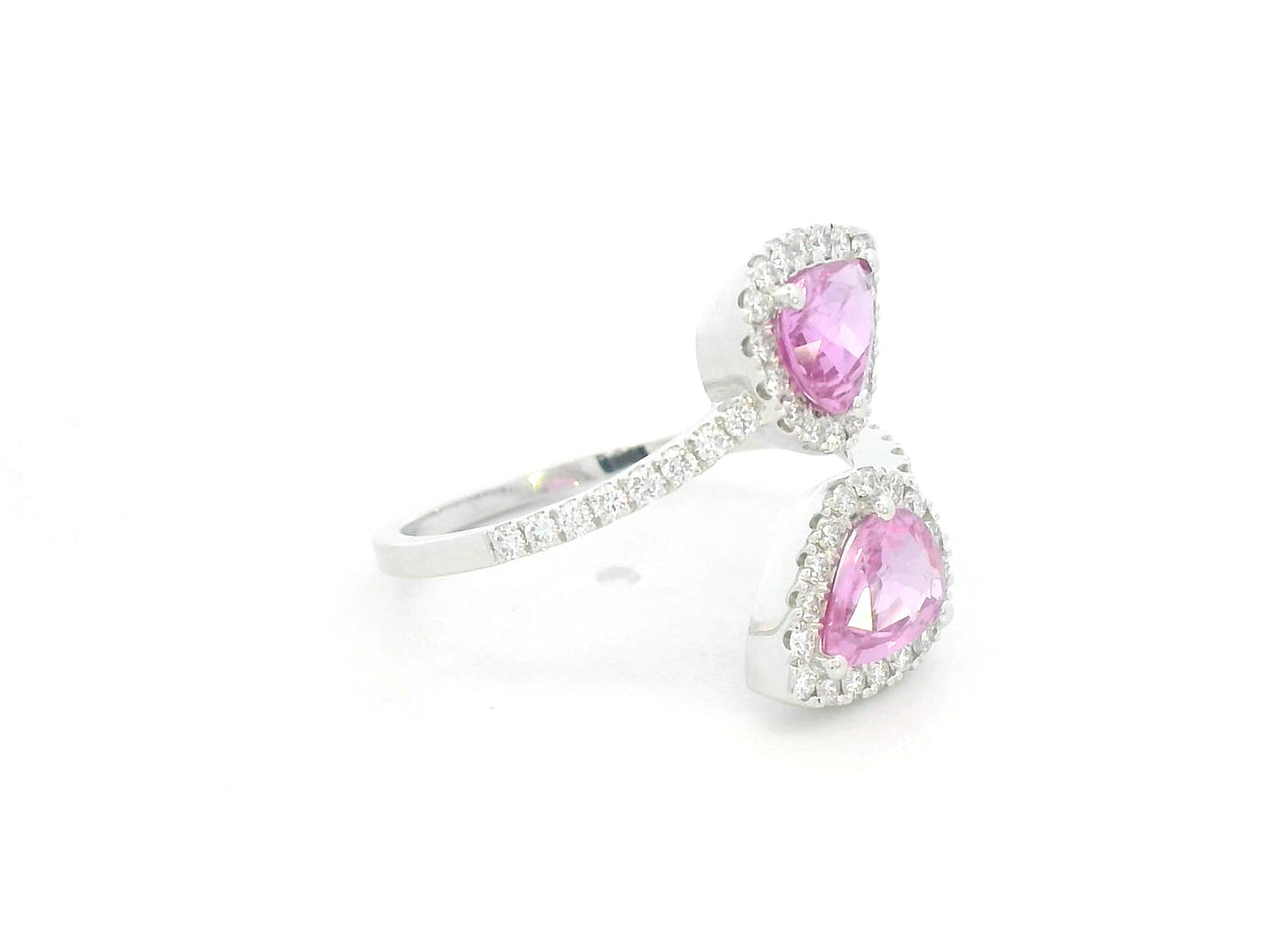 18K white gold open ring with pear-shaped pink sapphires and diamond halos by Emirates Diamonds