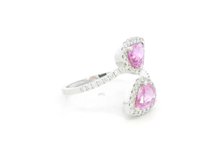 18K white gold open ring with pear-shaped pink sapphires and diamond halos by Emirates Diamonds