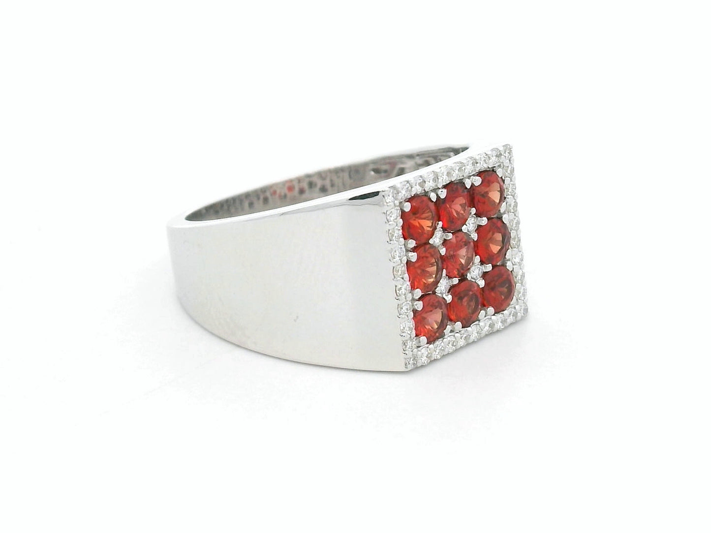 18K white gold men’s ring with orange sapphires and diamond halo by Emirates Diamonds