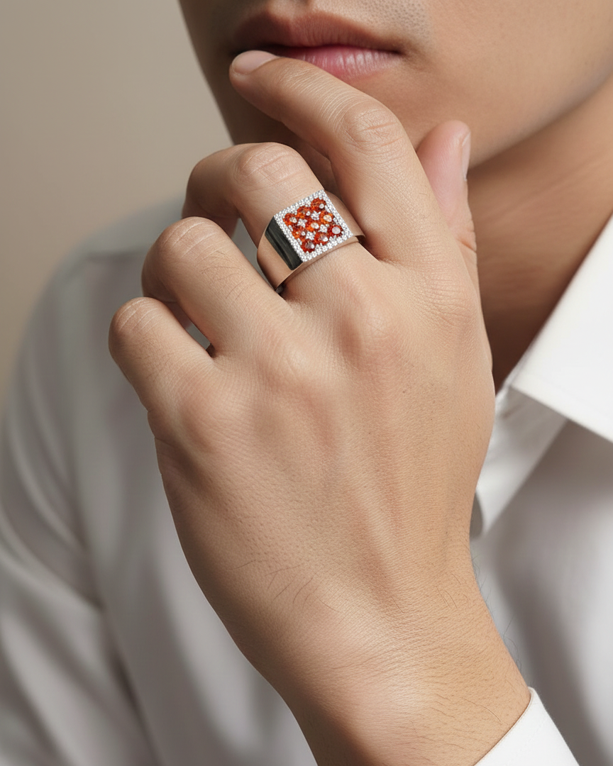 Orange Sapphire & Diamond Men’s Ring in 18K White Gold