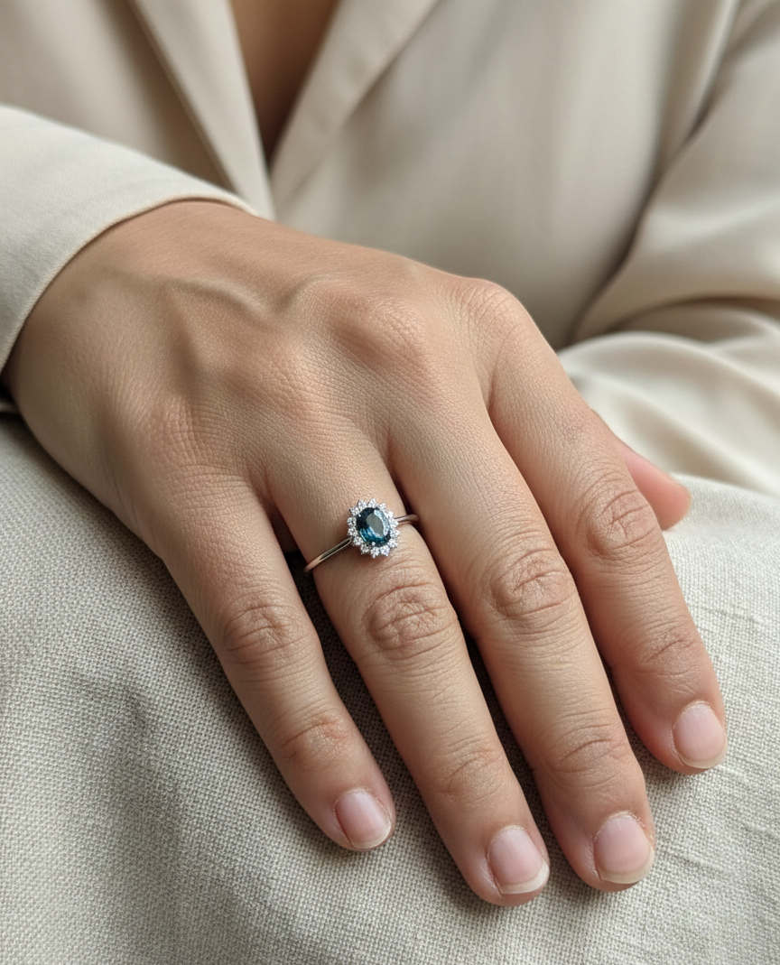 0.74 carat oval green sapphire and diamond halo ring in 18K white gold by Emirates Diamonds