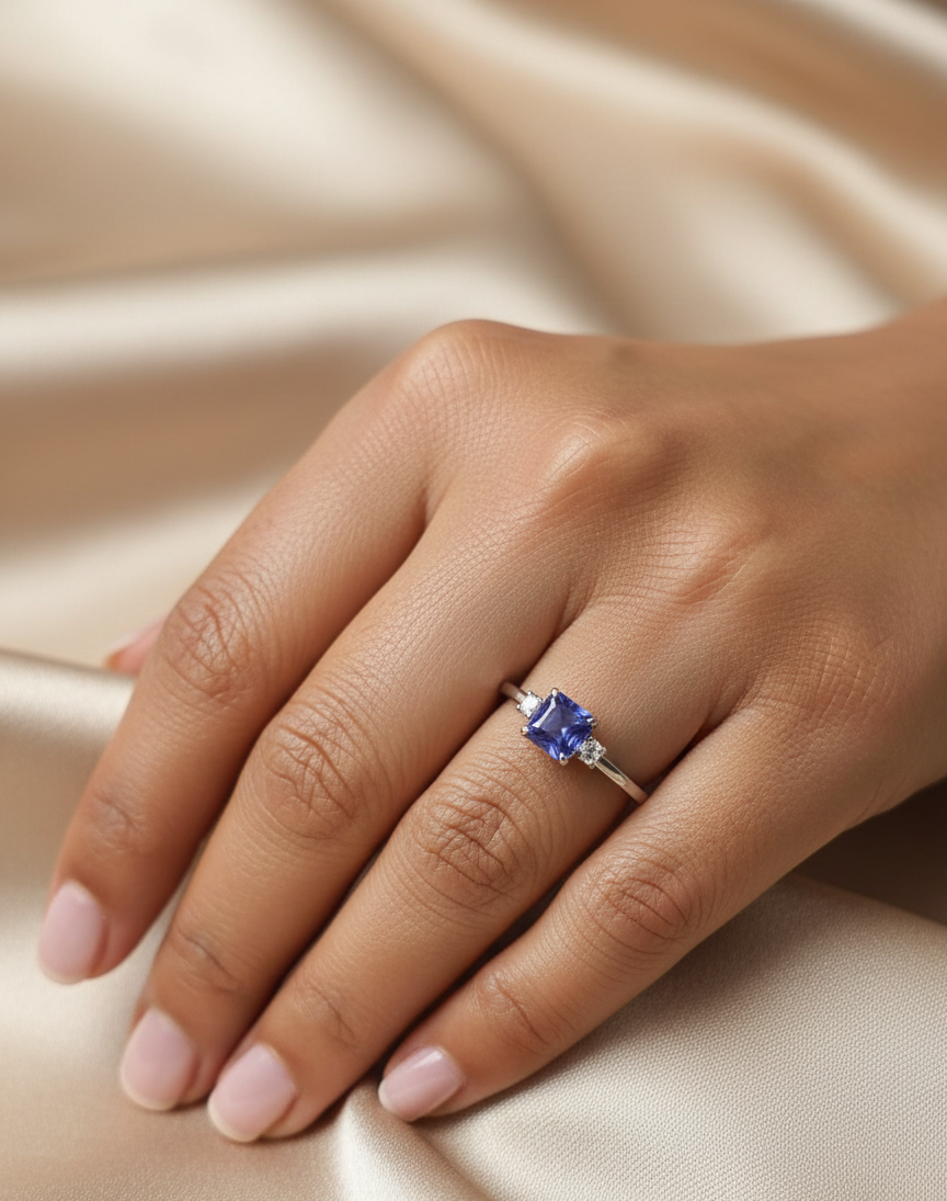 Square-cut tanzanite and diamond ring in 18K white gold by Emirates Diamonds