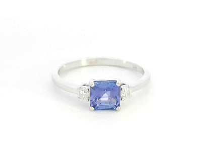 Square-cut tanzanite and diamond ring in 18K white gold by Emirates Diamonds