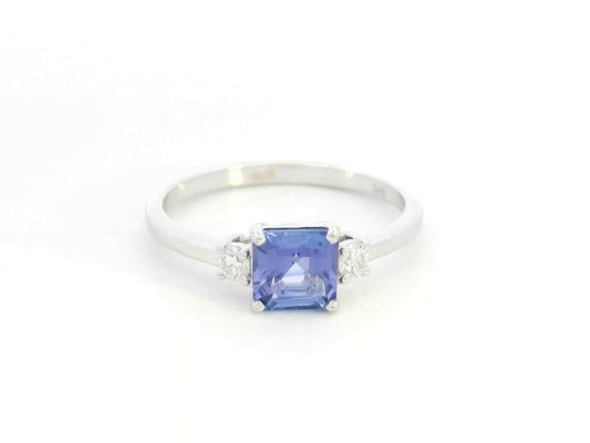 Square-cut tanzanite and diamond ring in 18K white gold by Emirates Diamonds