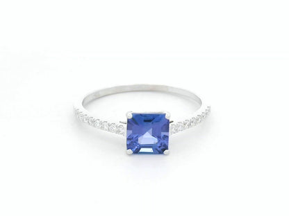 Square emerald cut tanzanite ring with diamond band in 18K white gold by Emirates Diamonds