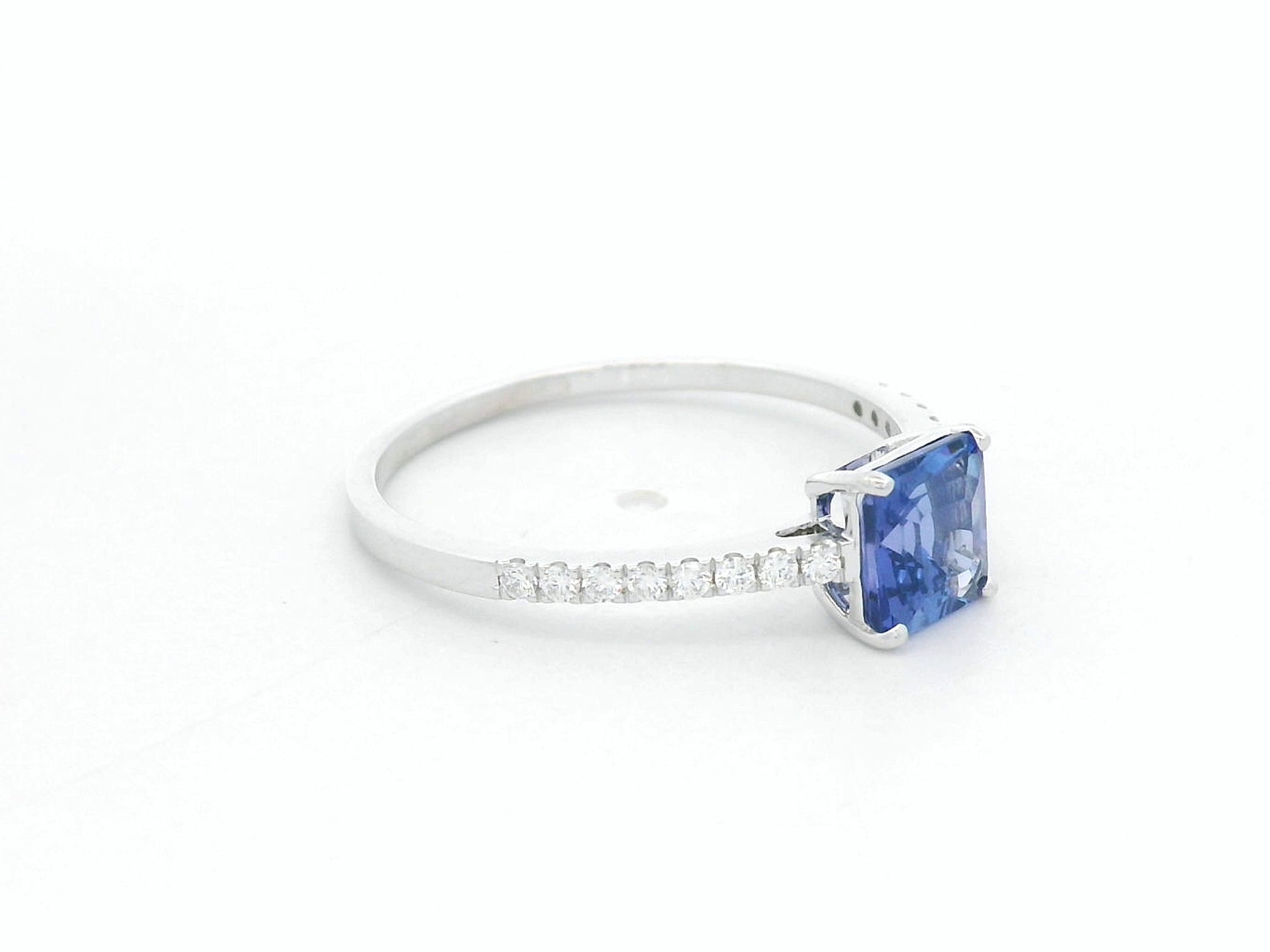 Square emerald cut tanzanite ring with diamond band in 18K white gold by Emirates Diamonds