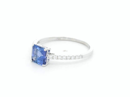 Square emerald cut tanzanite ring with diamond band in 18K white gold by Emirates Diamonds
