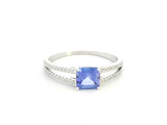 18K white gold split shank ring featuring 0.78 carat square-cut tanzanite and 0.16 carat diamond pavé band by Emirates Diamonds.