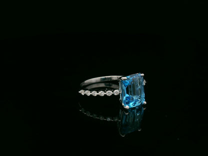 Emerald cut Swiss blue topaz diamond ring in 18K white gold Emirates Diamonds