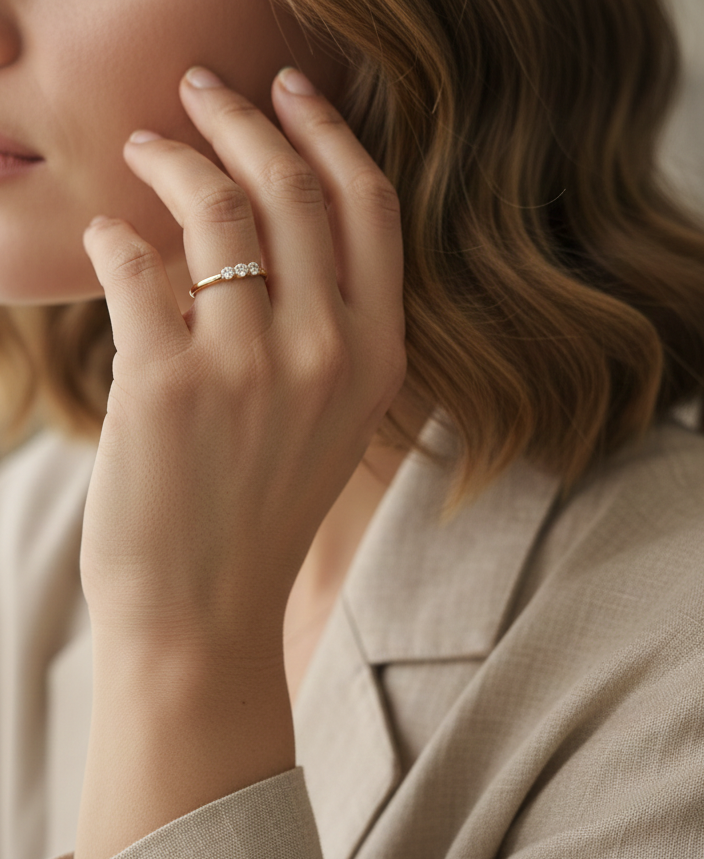 18K yellow gold diamond three-stone ring with round brilliant diamonds, classic trilogy ring design by Emirates Diamonds