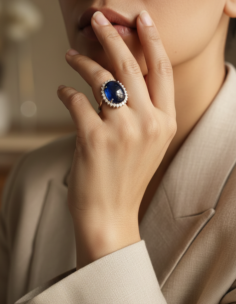 18K white gold oval blue sapphire ring with diamond halo, high-carat sapphire statement ring by Emirates Diamonds