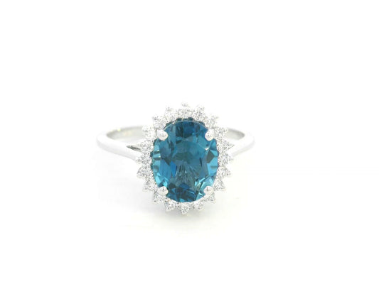 18K white gold London blue topaz diamond halo ring with 2.62 carat topaz – Emirates Diamonds