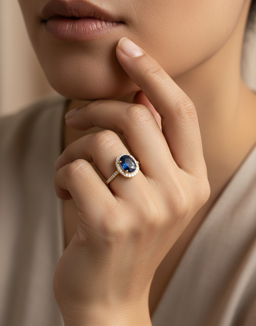 18K yellow gold blue sapphire and diamond halo ring with oval sapphire centerpiece by Emirates Diamonds