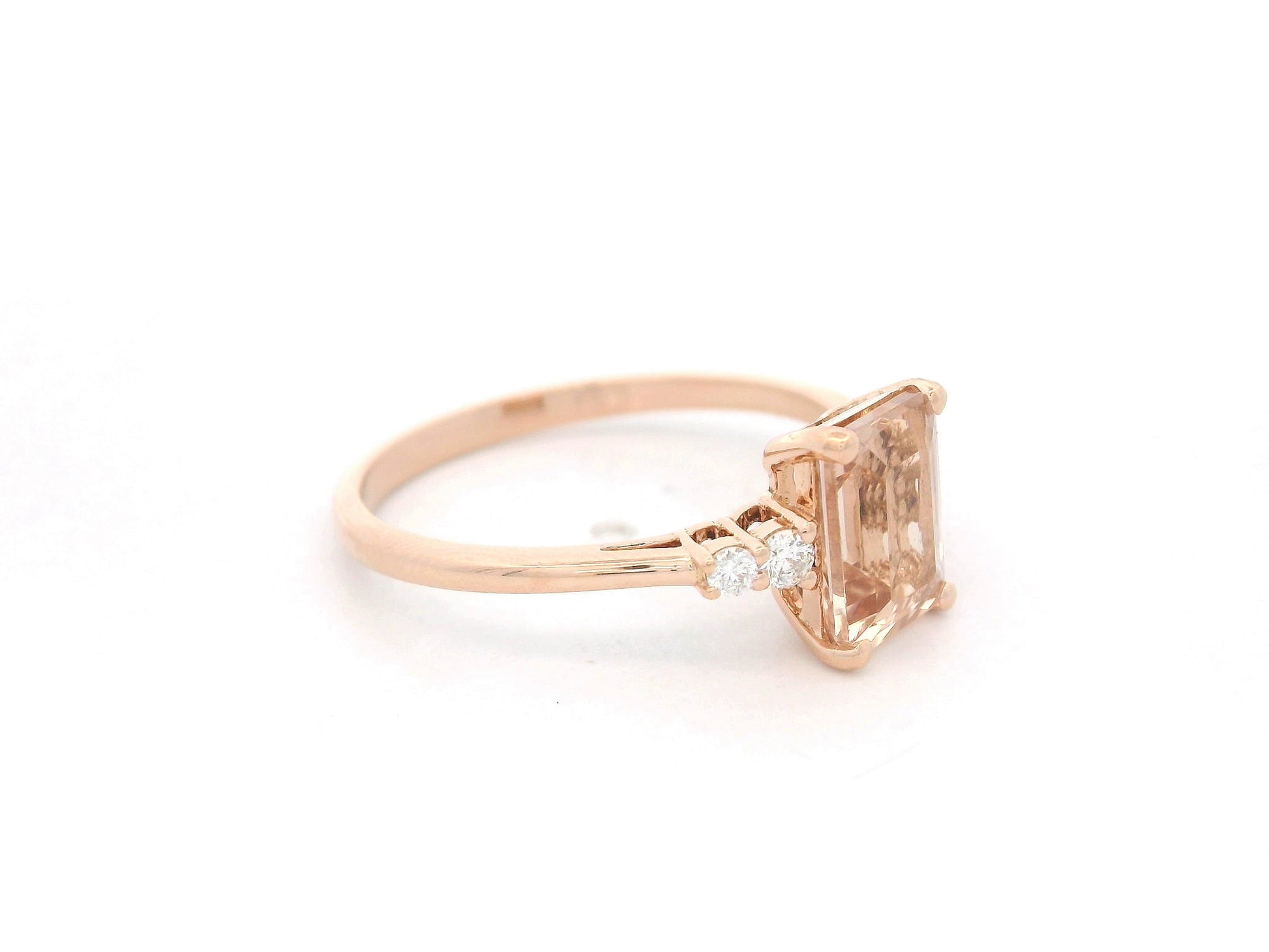 Emerald cut morganite ring 1.43 carat with diamond accents in 18K rose gold by Emirates Diamonds