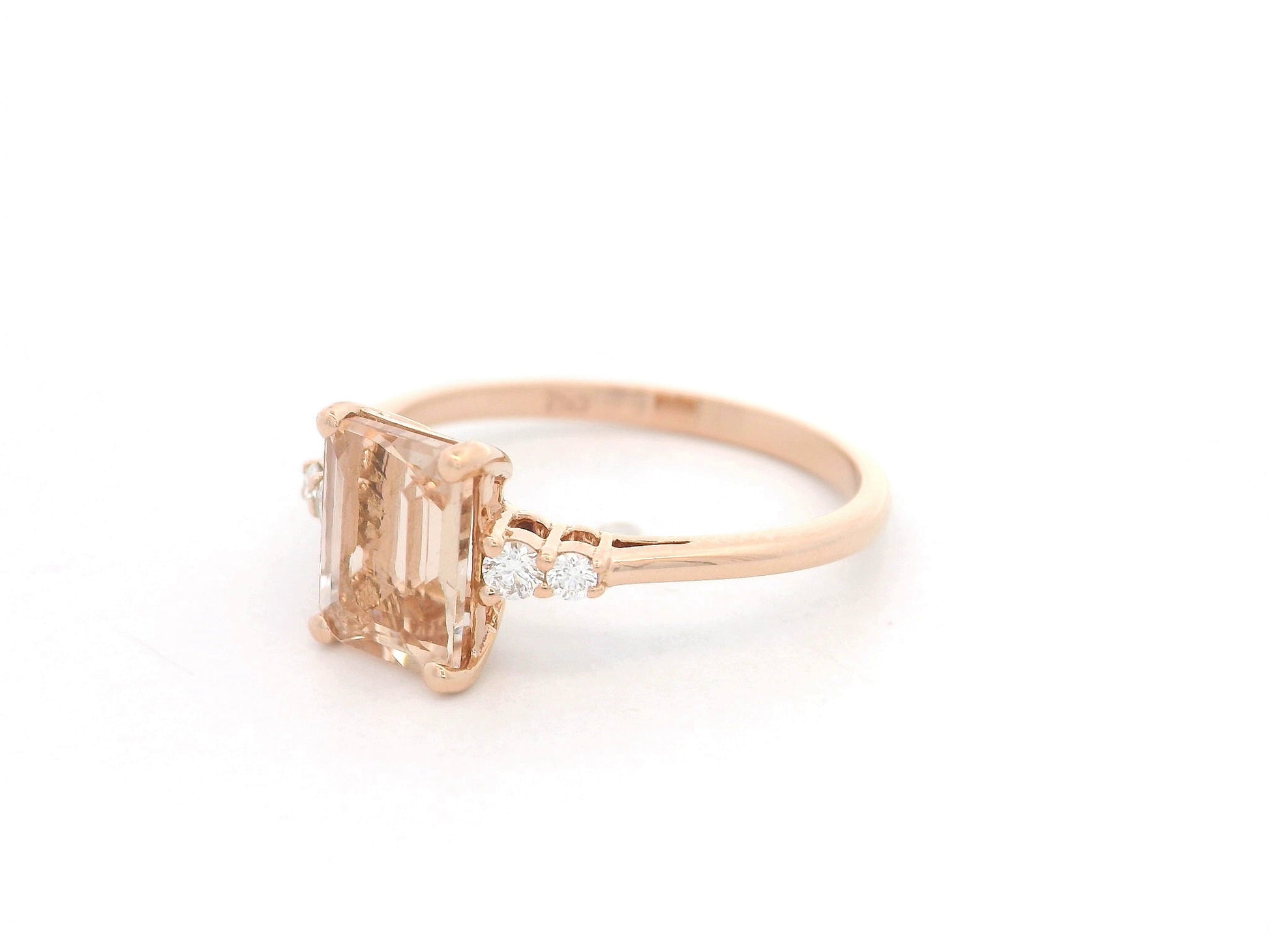 Emerald cut morganite ring 1.43 carat with diamond accents in 18K rose gold by Emirates Diamonds