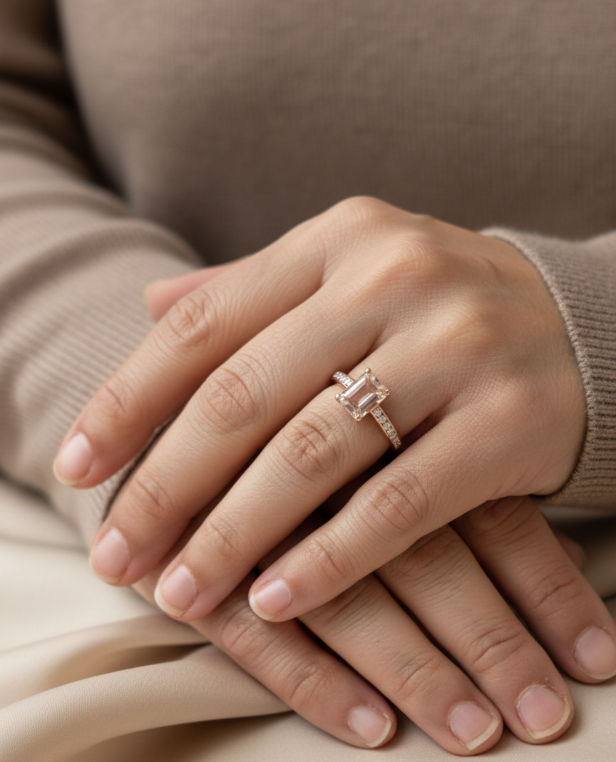 Emerald-cut morganite and diamond ring in 18K rose gold with 1.41 carat morganite and diamond band by Emirates Diamonds.