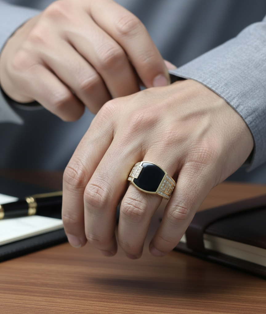 Black onyx and diamond signet ring in 18K yellow gold by Emirates Diamonds